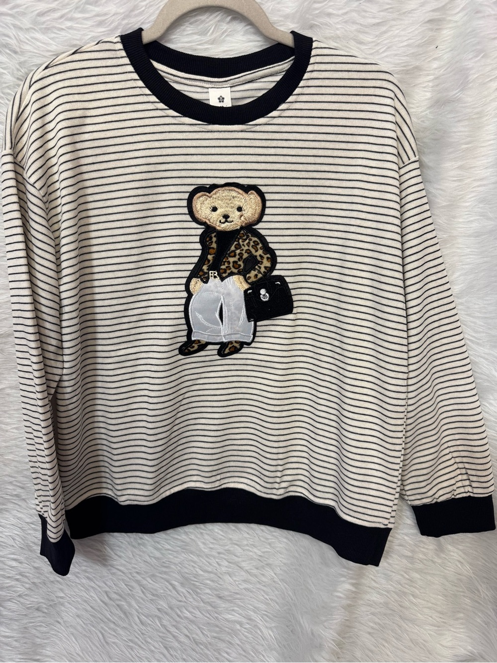 Striped Cream and Black Bear Appliqué Sweater